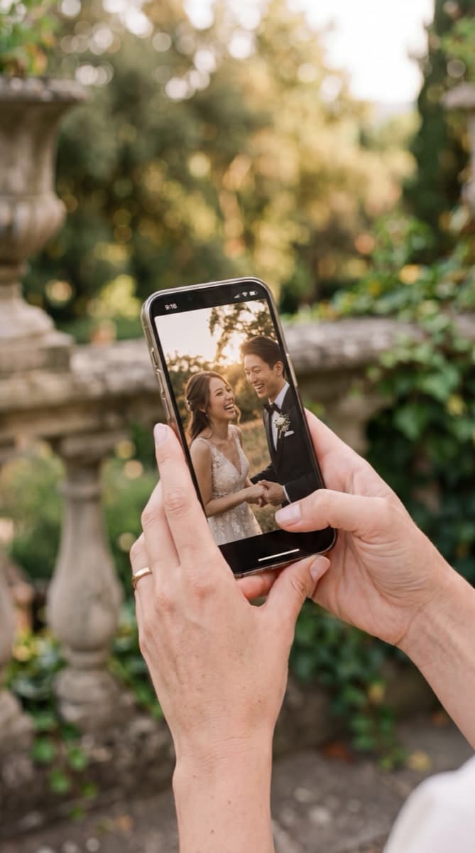 結婚式当日のふたりを、翌朝スマホで見返す手元